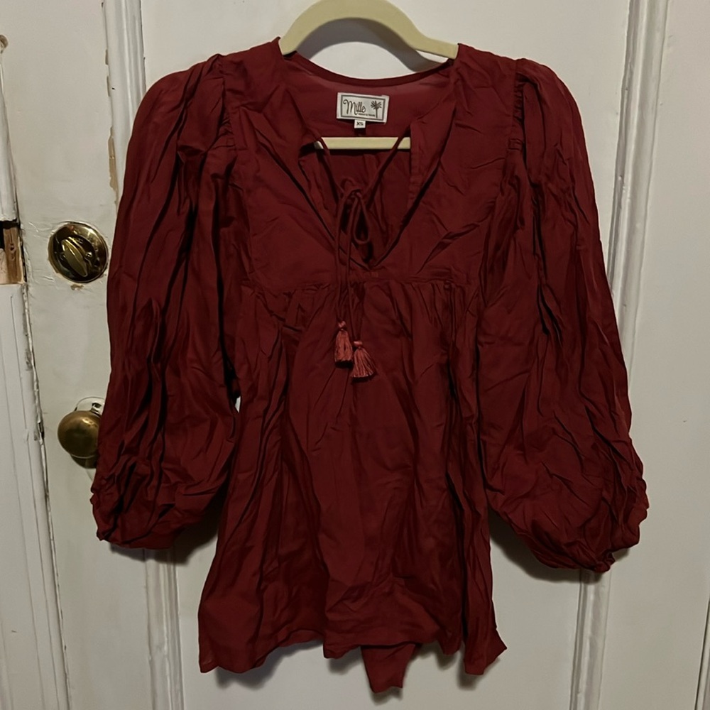 peasant sleeve boho top burgundy vintage anthro shirt